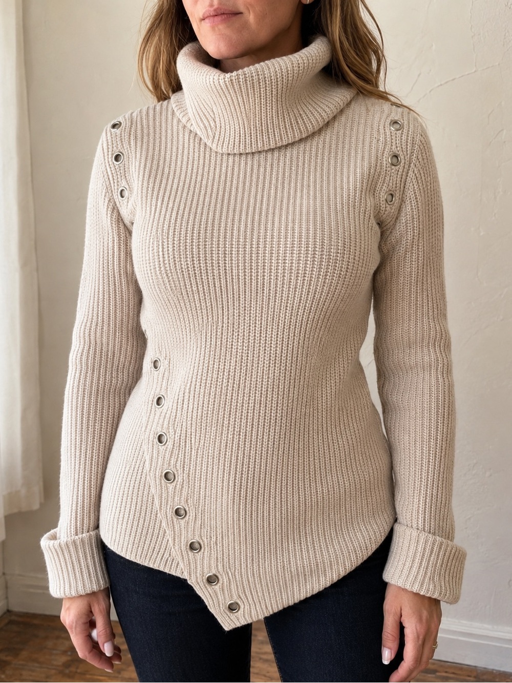 Generation Love XS Cream Grommet Asymmetrical Turtleneck Sweater